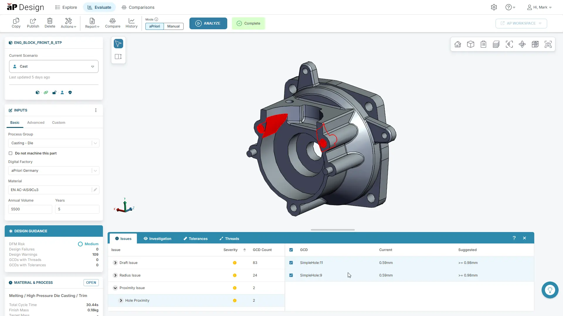 Screenshot of aPriori manufacturability insights in aP Design