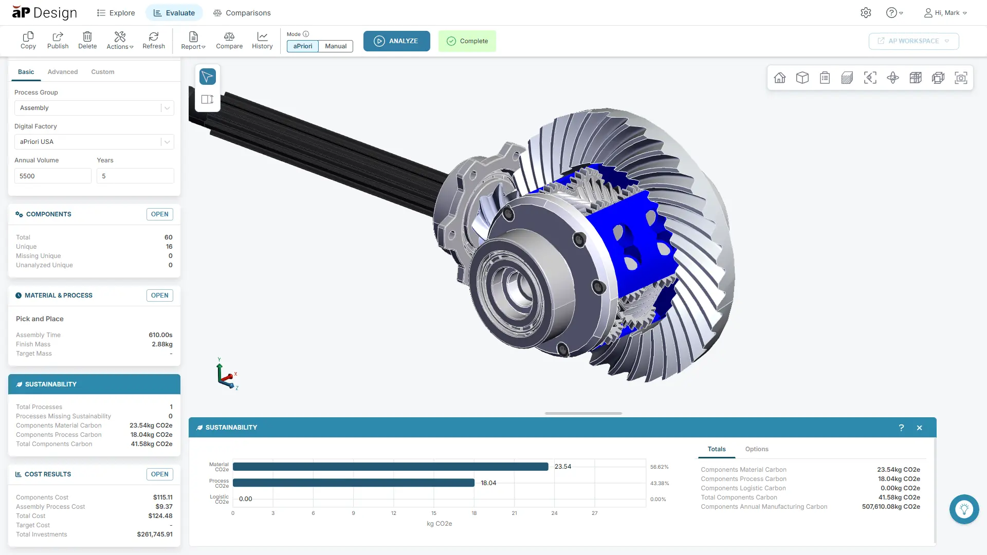 Screenshot of aPriori CO2e insights in aP Design